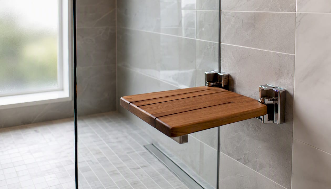 Walk-In Shower Sizes: Practical Templates And What To Plan For 3 Fold-Down Teak Shower Bench Mounted On Wall