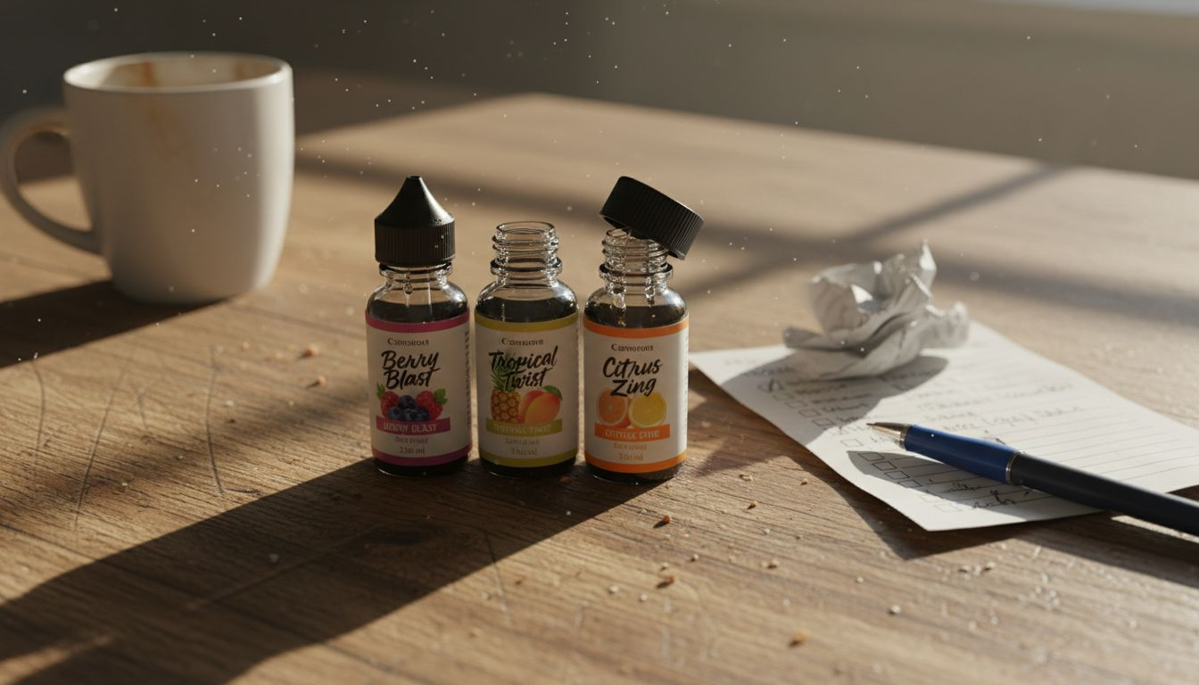 Various e-liquids and checklist on kitchen table