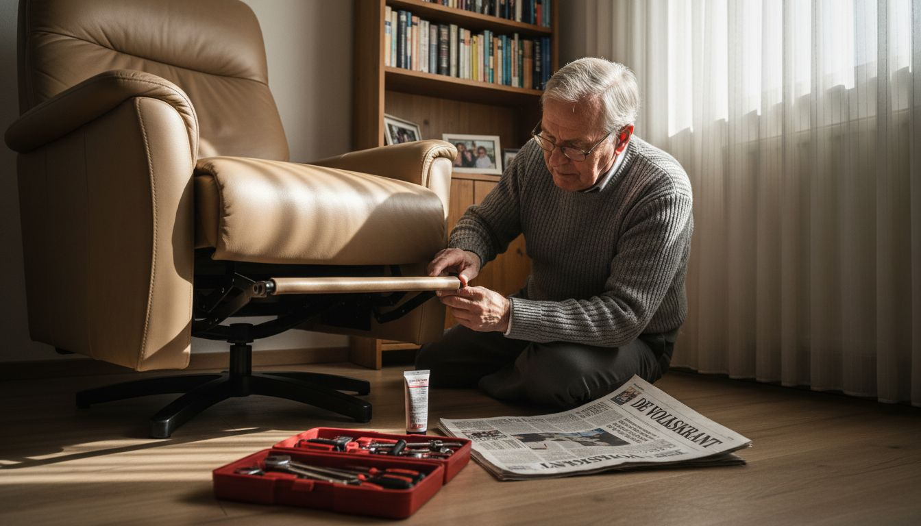 Een man bekijkt de scharnieren van een fauteuil nauwkeurig.