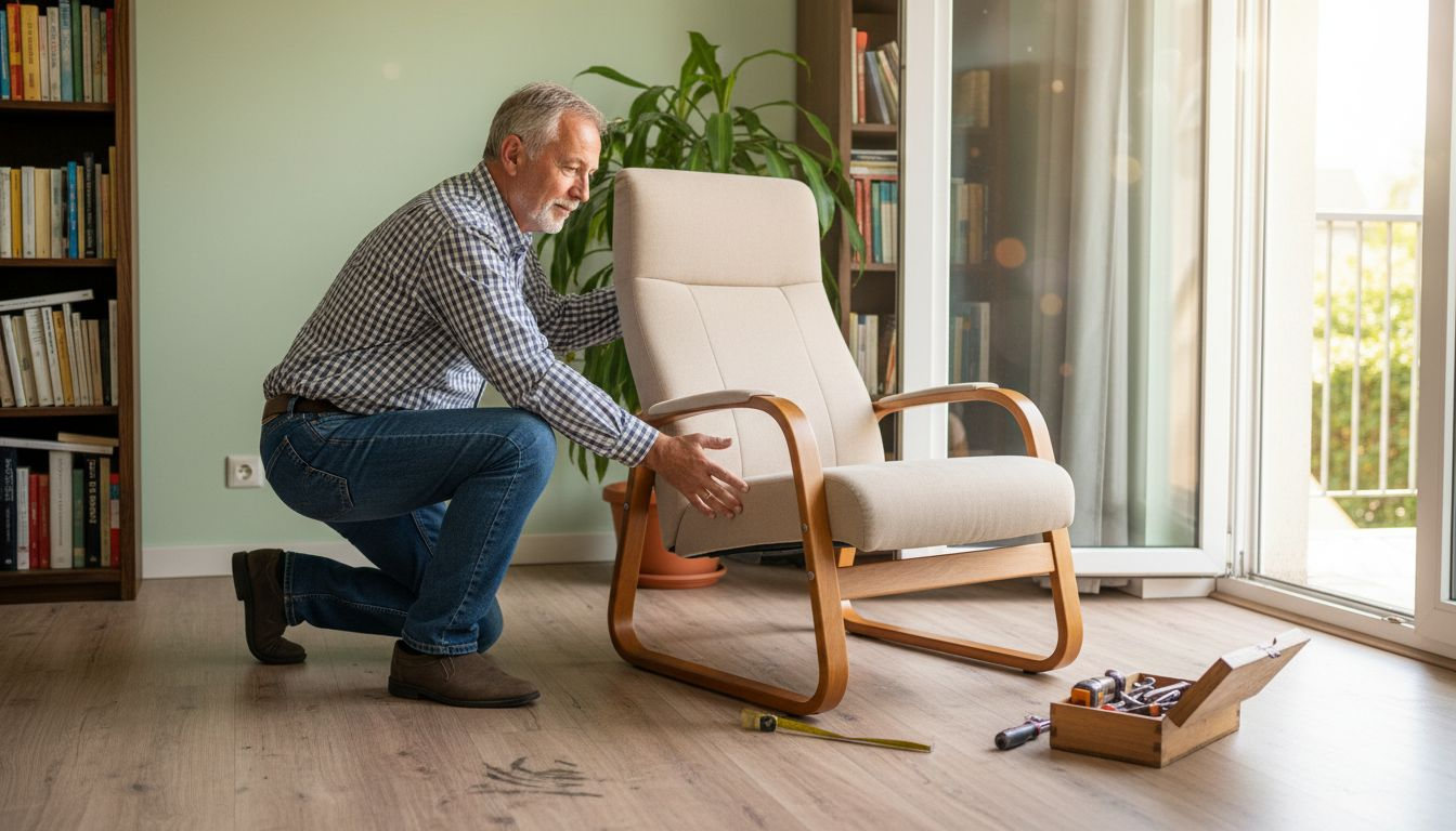 Man zet een comfortabele fauteuil neer in de woonkamer.