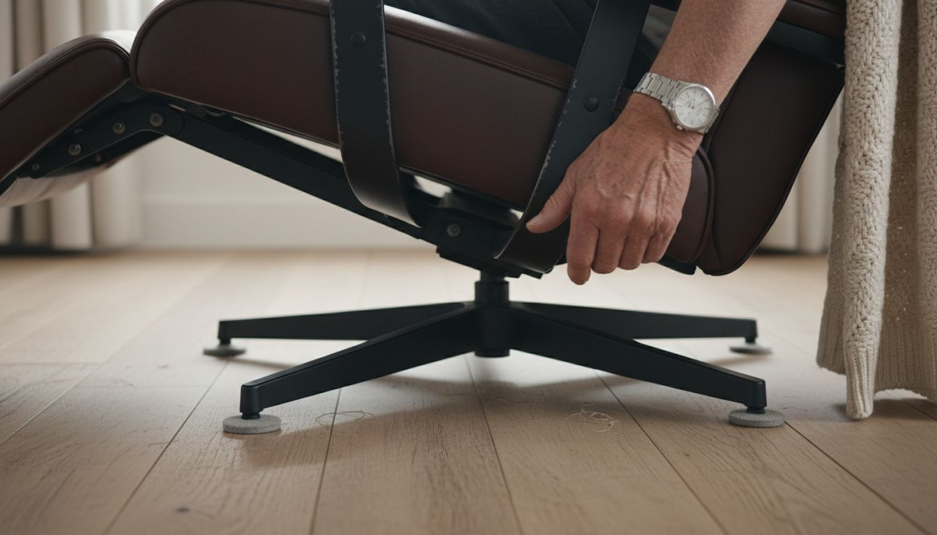 Close-up van het draaimechanisme onder een relaxstoel