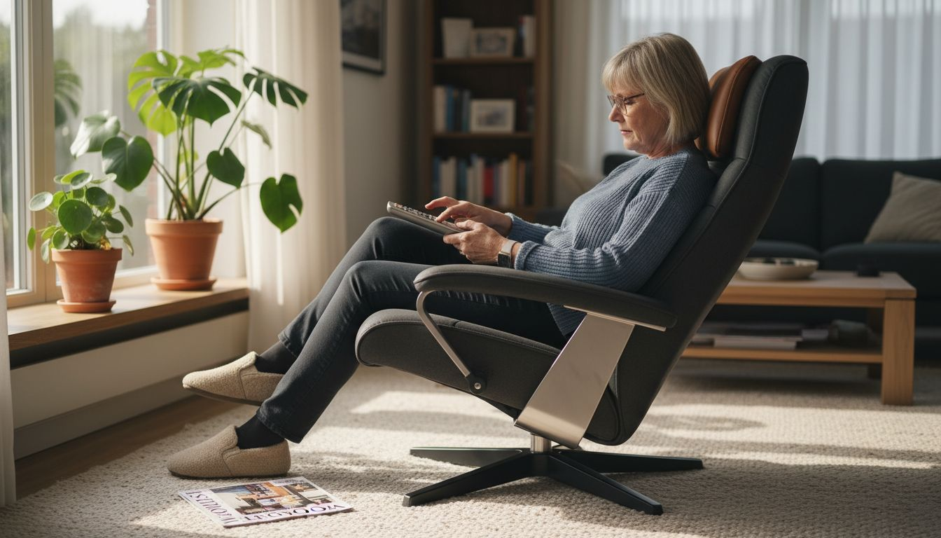 Vrouw test verschillende functies van relaxstoel uit