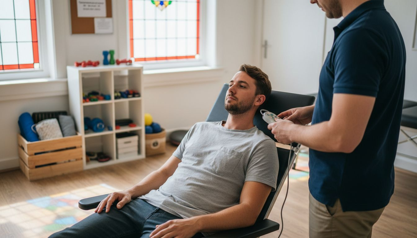 Man test verstelbare relaxstoel tijdens fysiotherapie