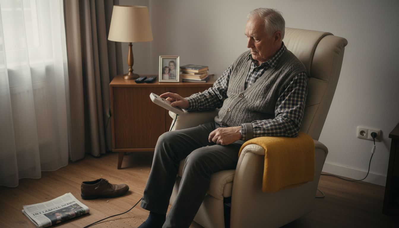 Een oudere heer staat thuis op uit zijn stoel.