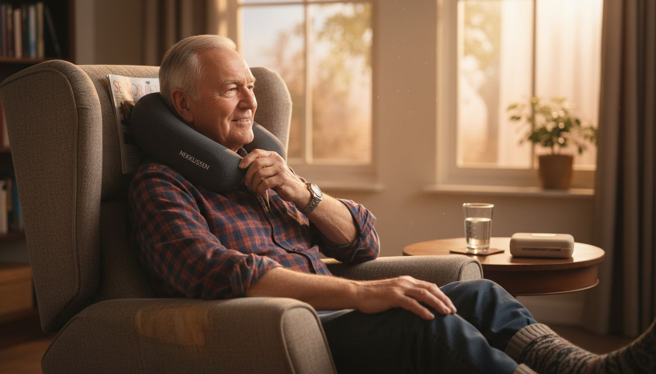 Oudere man stelt zijn ergonomisch nekkussen bij voor extra comfort.