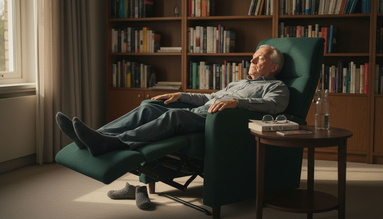 Een oudere man geniet van zijn rust in een comfortabele stoel in de woonkamer.