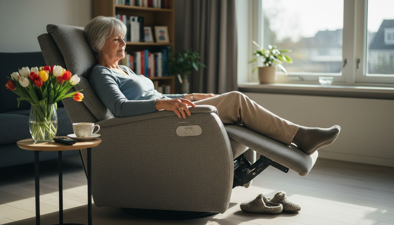 Een vrouw verstelt haar comfortabele relaxstoel in de woonkamer.
