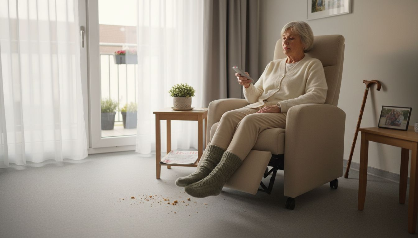 Een oudere dame past haar relaxfauteuil aan met de afstandsbediening.