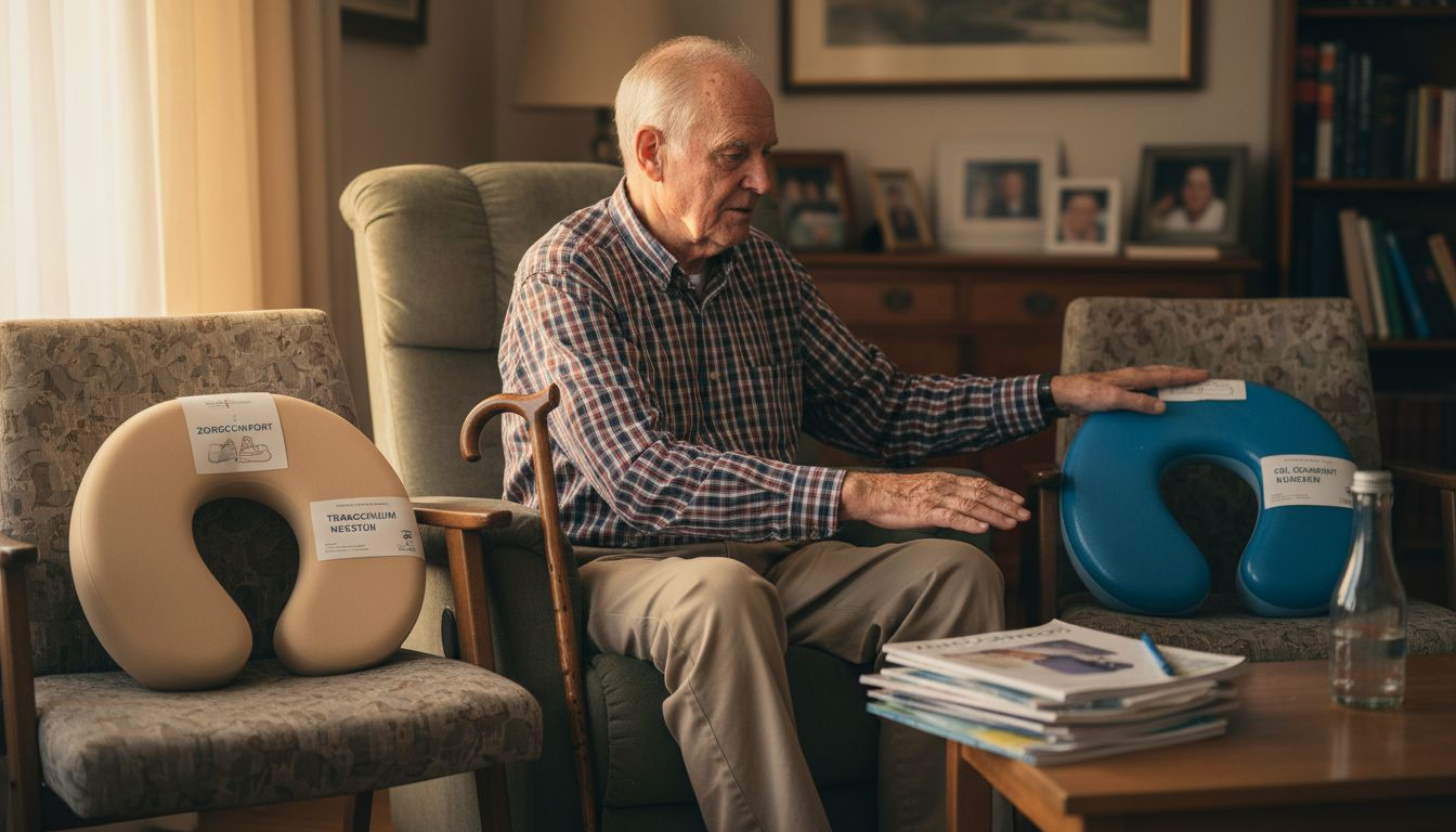 Een oudere man bekijkt en vergelijkt twee verschillende nekkussens terwijl hij in een stoel zit.