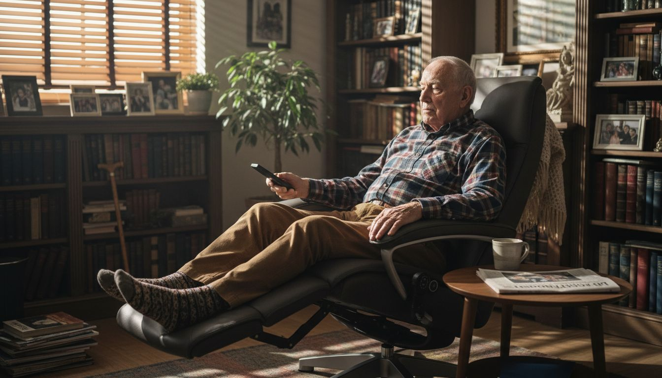 Een oudere man zit in de woonkamer en stelt zijn relaxfauteuil comfortabel af.