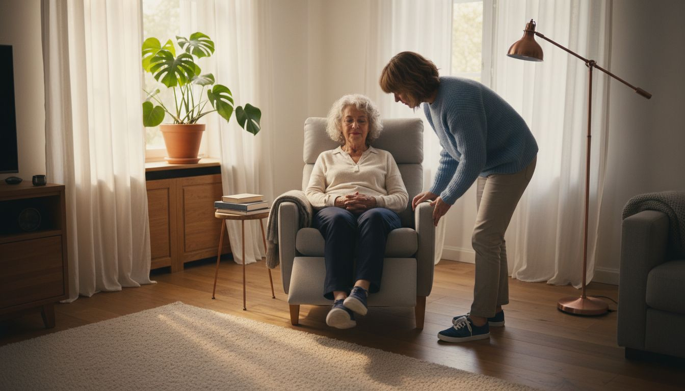 De zorgverlener past de zithoogte van de relaxstoel aan voor optimaal comfort.