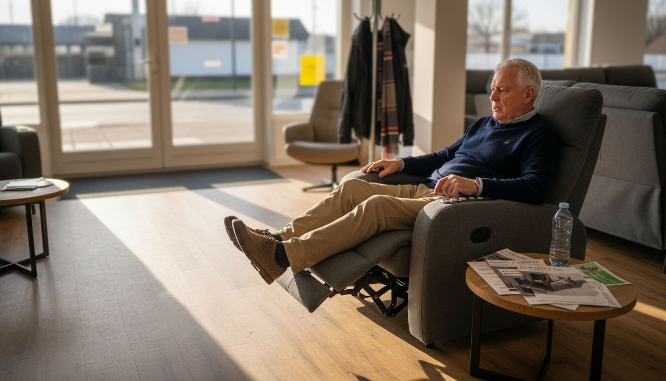 Een oudere man probeert een verstelbare elektrische relaxstoel uit.