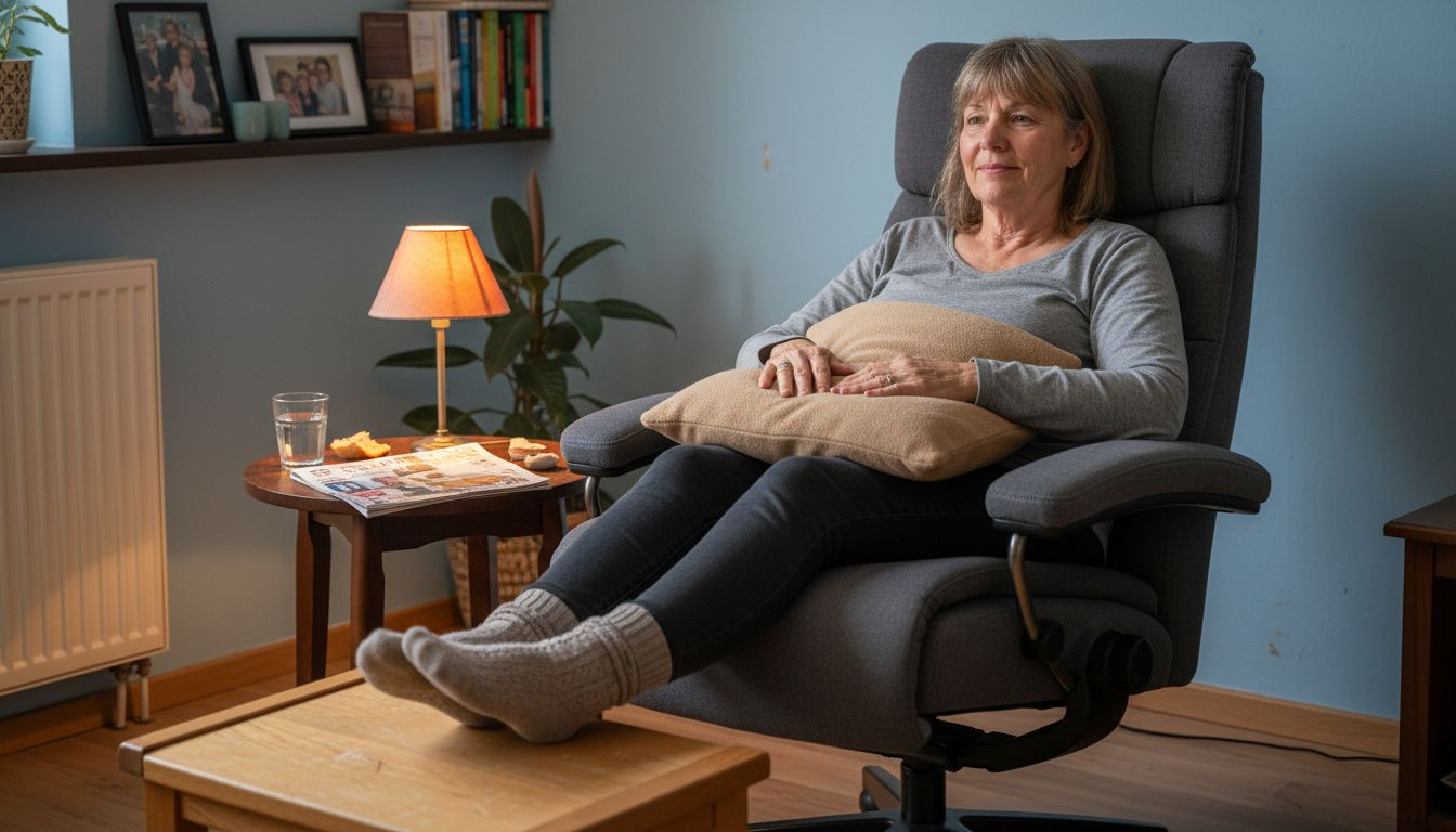 Een vrouw geniet van het comfort van een hoogwaardige Duitse relaxstoel, speciaal ontworpen voor ergonomisch zitten.