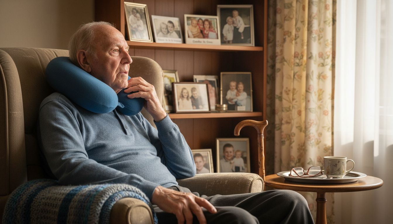 Een oudere man zit comfortabel met een nekkussen ter ondersteuning.