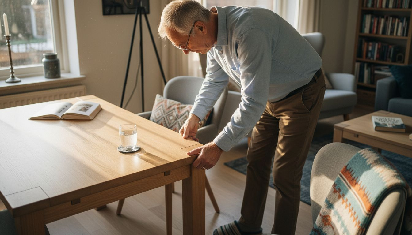 Een oudere dame stelt haar ergonomische stoel bij aan de eettafel.