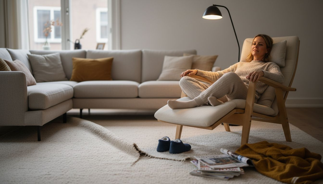 Vrouw probeert relaxstoel uit en stelt de rugleuning naar wens af