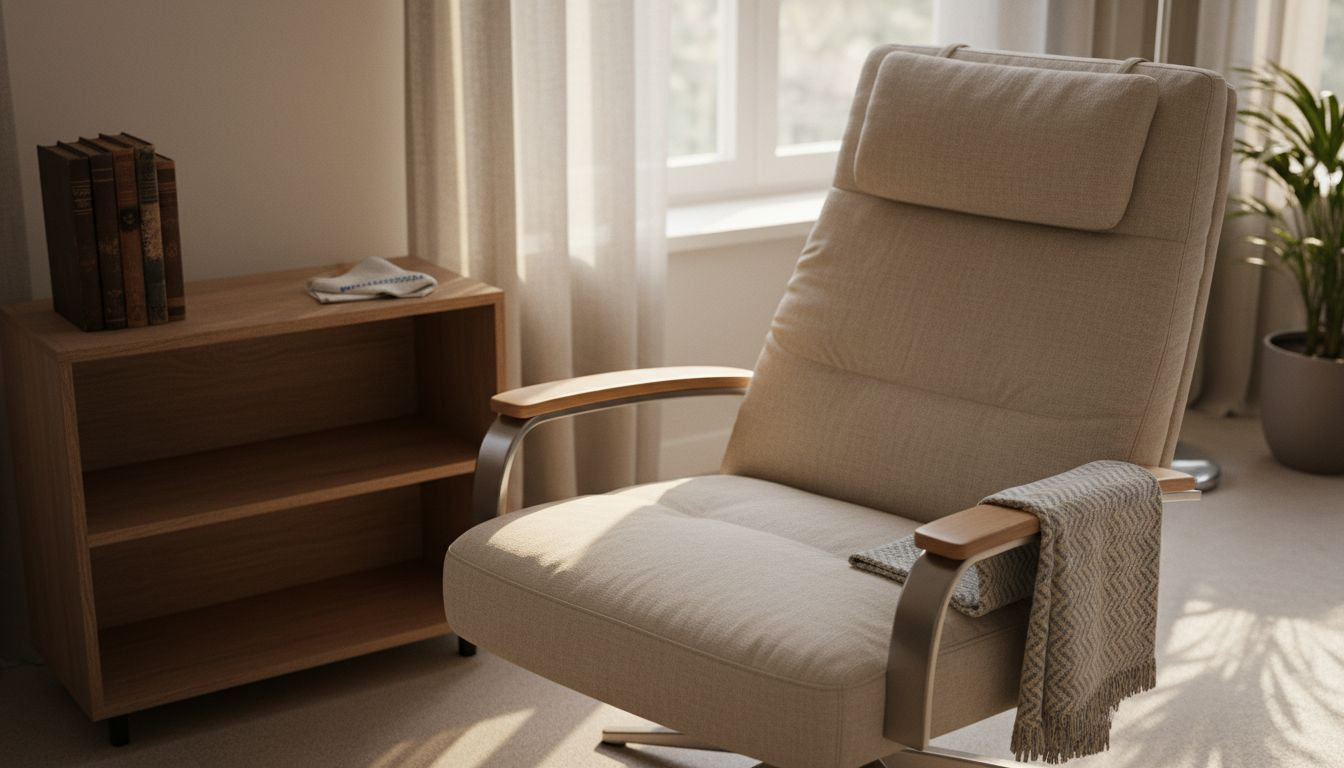 Detailfoto van een comfortabele draaifauteuil met verstelbare hoofdsteun en extra ondersteuning.