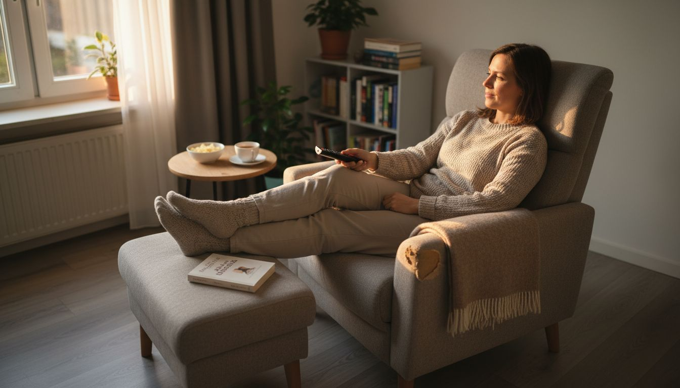 Een vrouw geniet van haar comfortabele en veelzijdige fauteuil in de woonkamer.