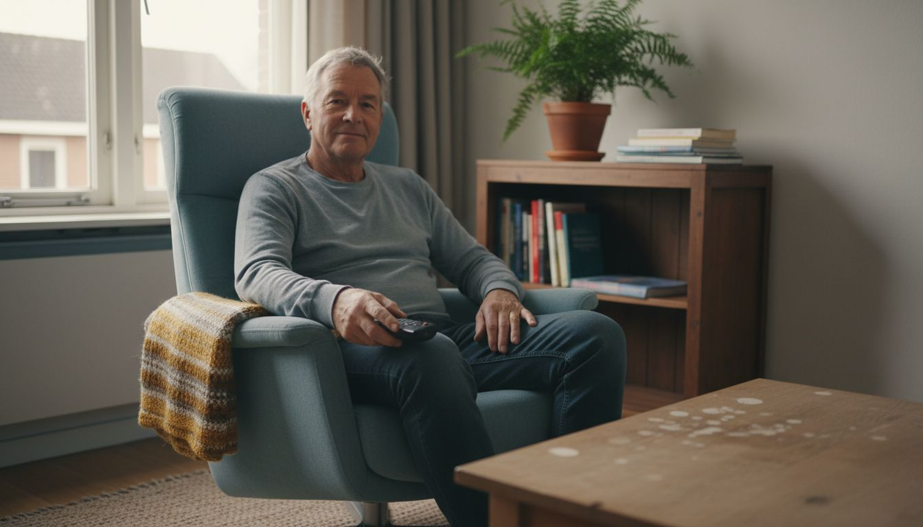 Een oudere zit comfortabel en met goede ondersteuning op een stoel in huis.