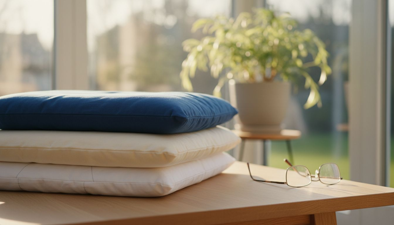 Op tafel liggen verschillende soorten relaxkussens, elk gemaakt van een ander materiaal.