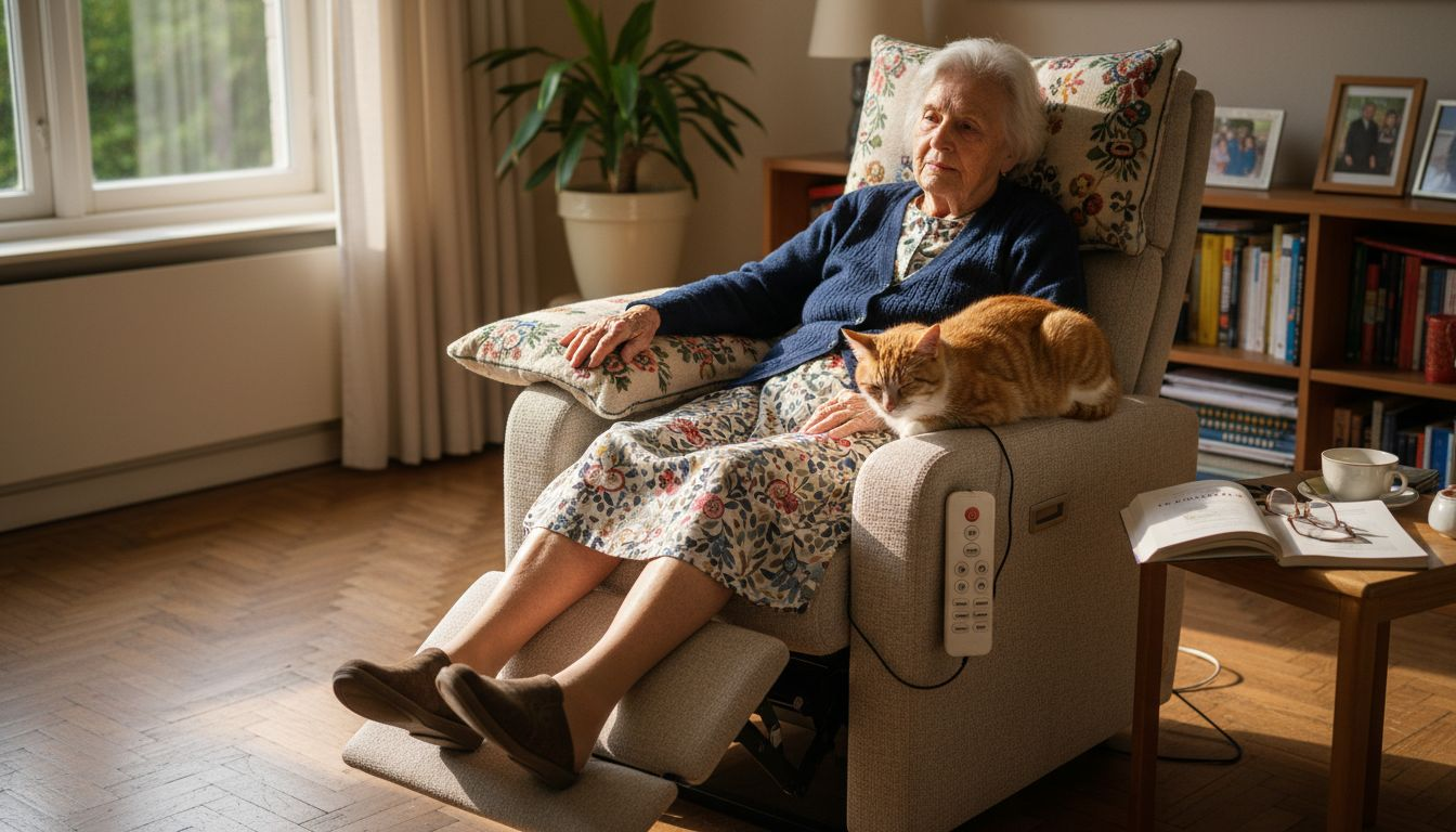 Een oudere dame geniet ontspannen van het gemak van haar sta-op stoel.