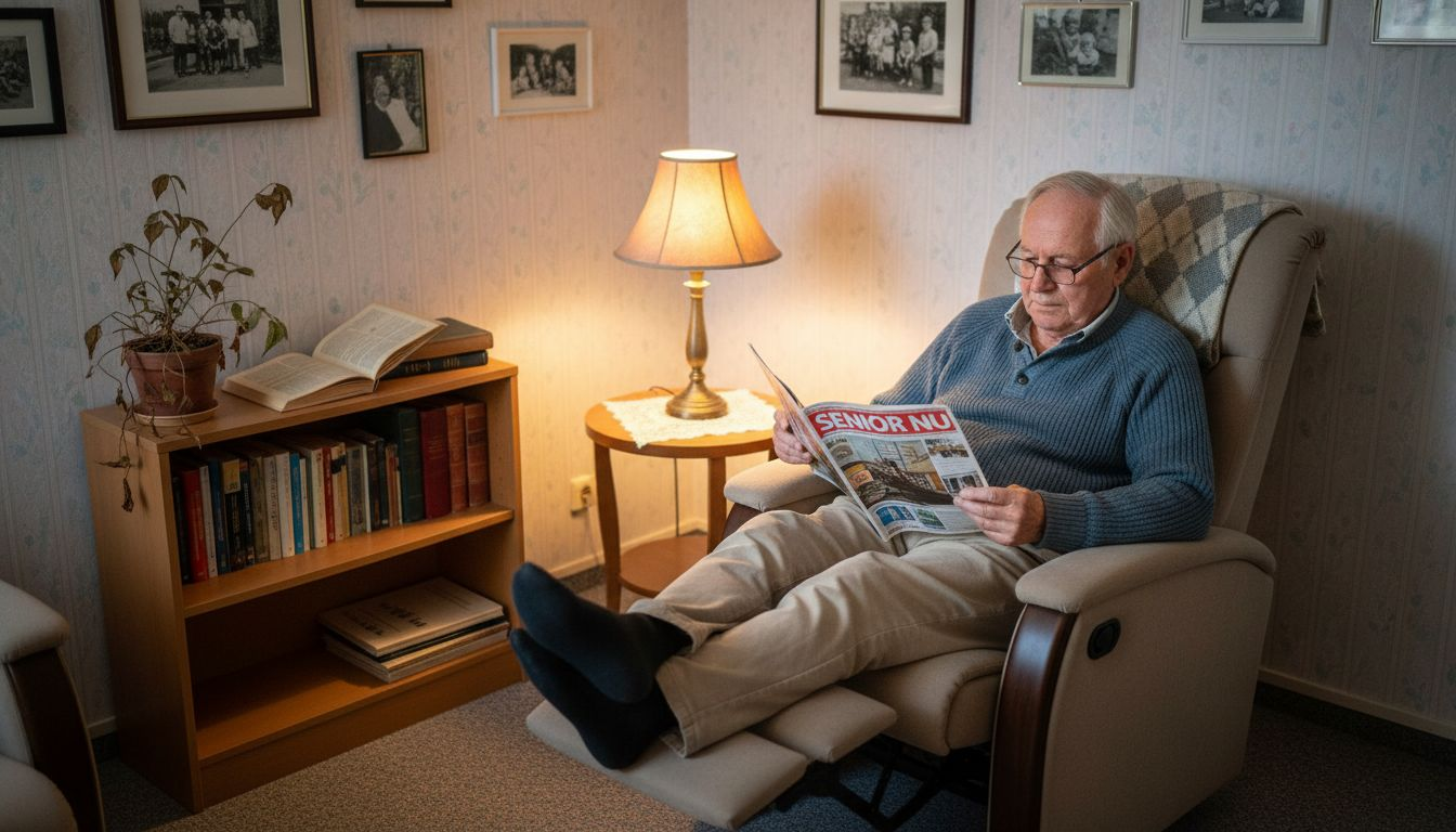 Een oudere geniet ontspannen van zijn elektrische relaxfauteuil.