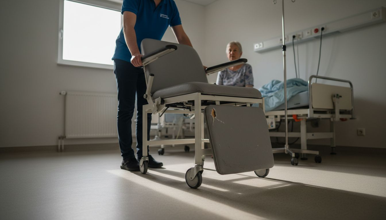 Een zorgmedewerker schuift een verstelbare stoel door de kamer.