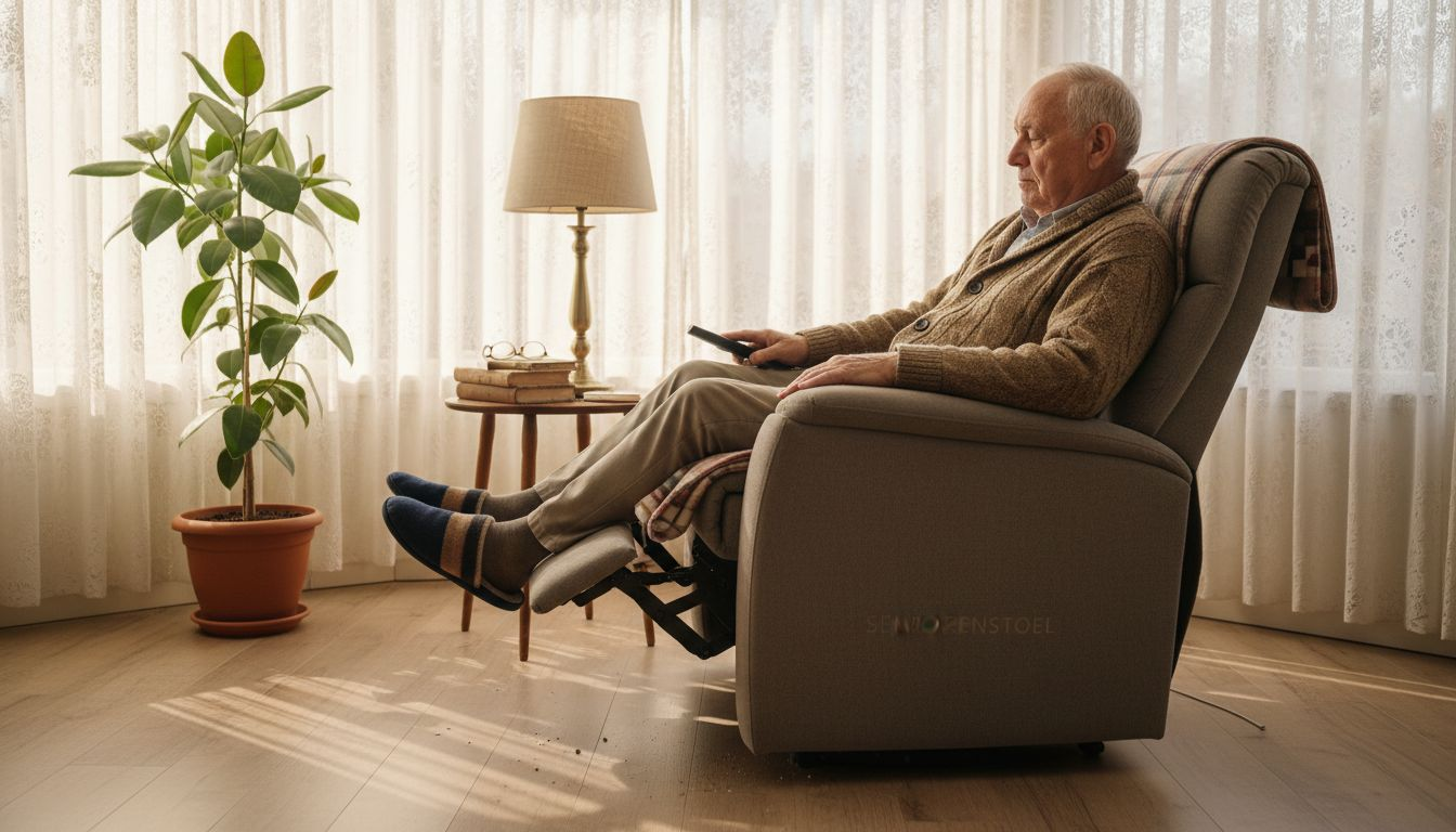 Een oudere heer laat zien hoe de seniorenstoel werkt en welke handige functies hij heeft.