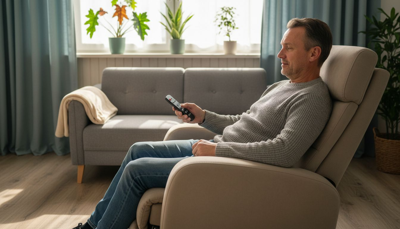 Man demonstreert de mogelijkheden van zijn aangepaste zorgstoel in huiselijke omgeving