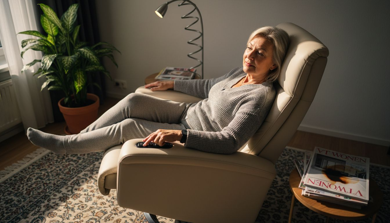 Een vrouw stelt haar relaxstoel in met behulp van de bedieningsknoppen.