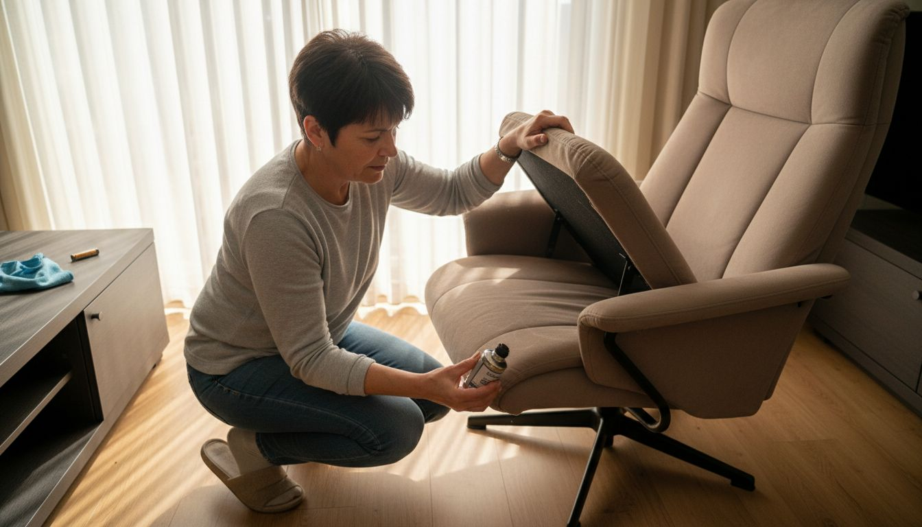 Vrouw geeft haar relaxstoel een onderhoudsbeurt door het scharnier te oliën