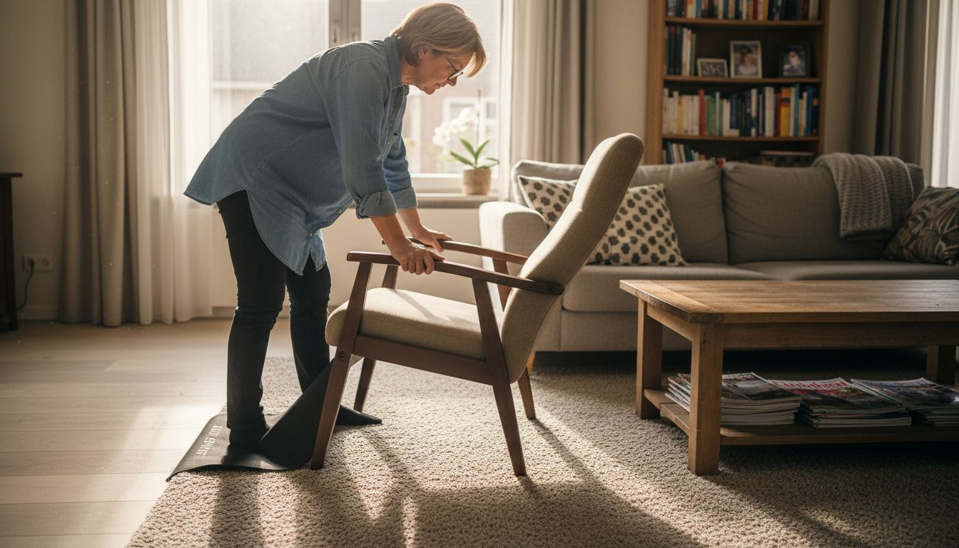 Een vrouw test of haar relaxstoel stevig genoeg is.