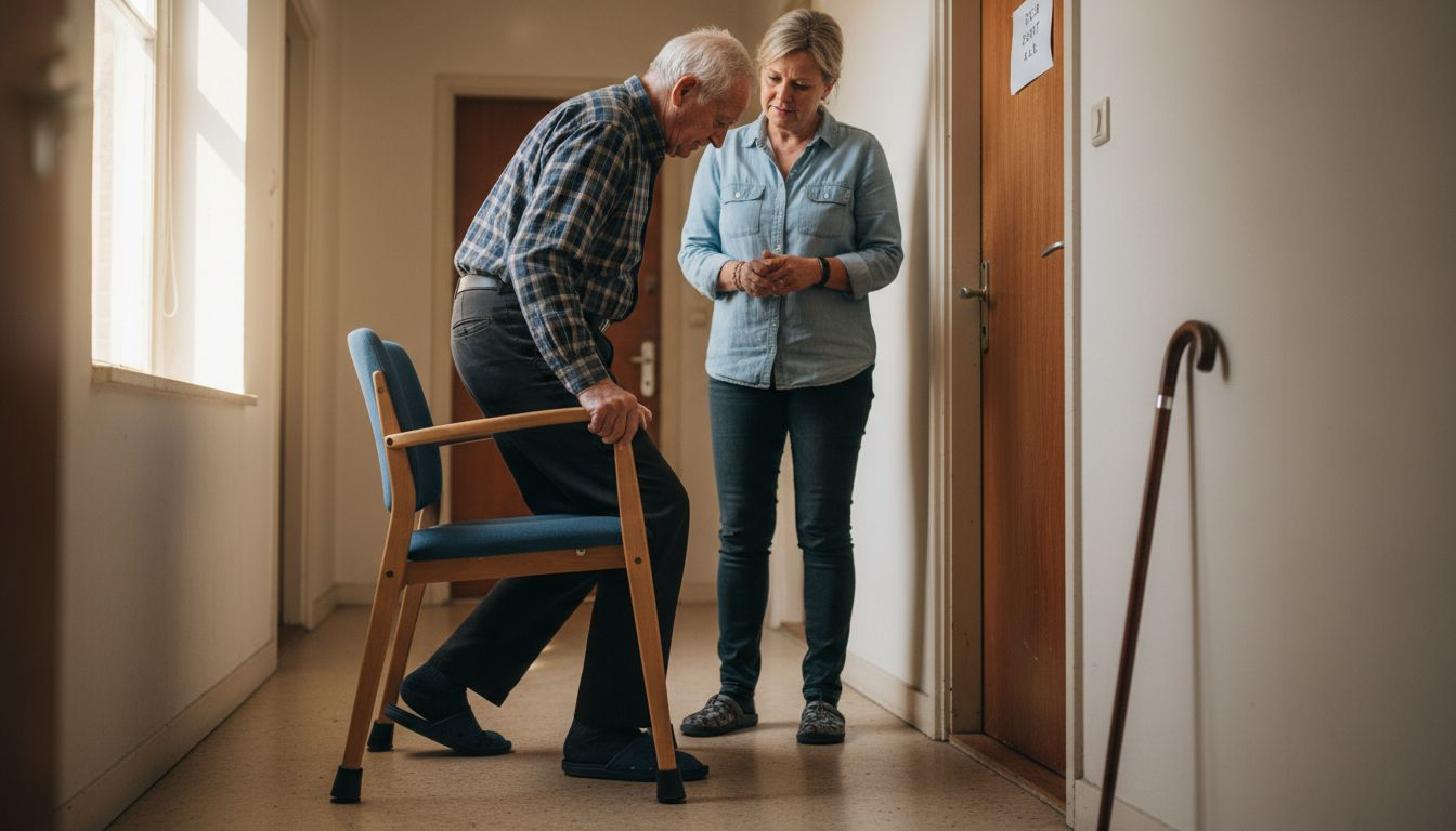 Een oudere test een veilige stoel uit in de gang van zijn huis.