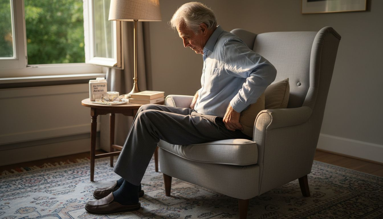 Een oudere man legt een rugkussen op zijn stoel om comfortabeler te zitten.