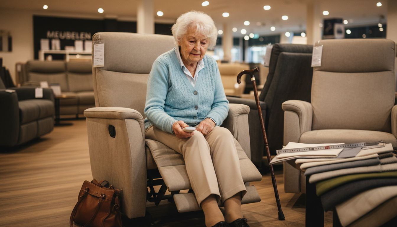 Oudere dame probeert relaxfauteuil uit in de winkel