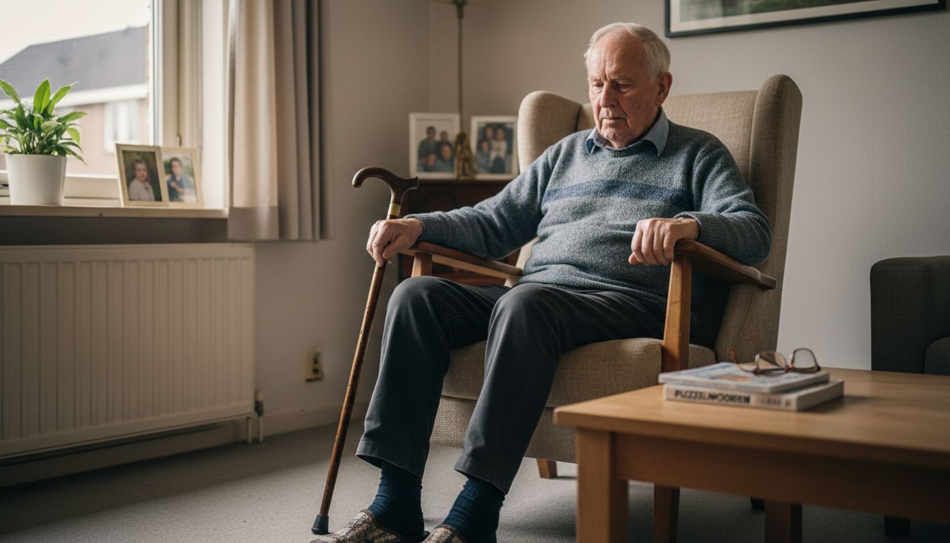 Een oudere man stelt de armleuningen van zijn stoel af om wat extra steun te krijgen.