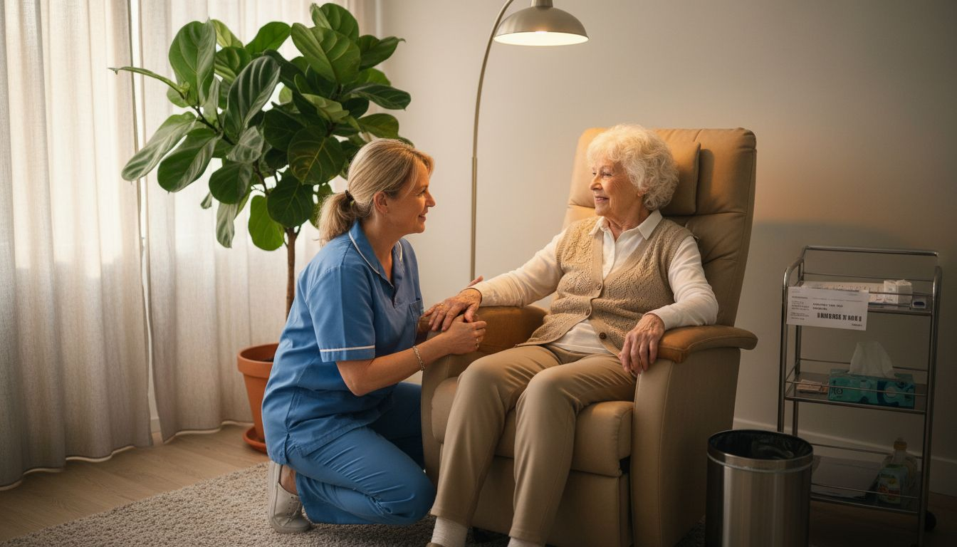 De zorgverlener stemt de ergonomie van de zorgstoel af op de behoeften van de oudere.