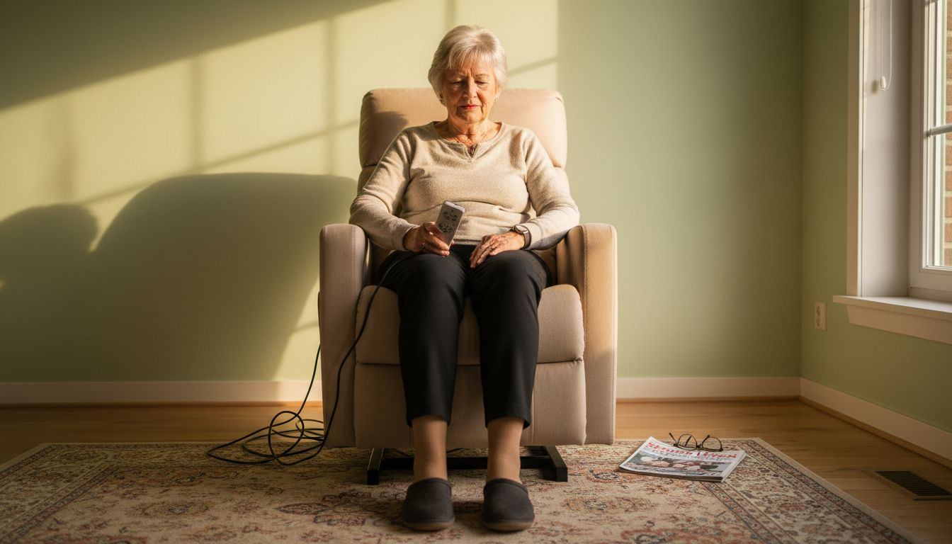 Een vrouw gebruikt de afstandsbediening van haar elektrische sta-opstoel.