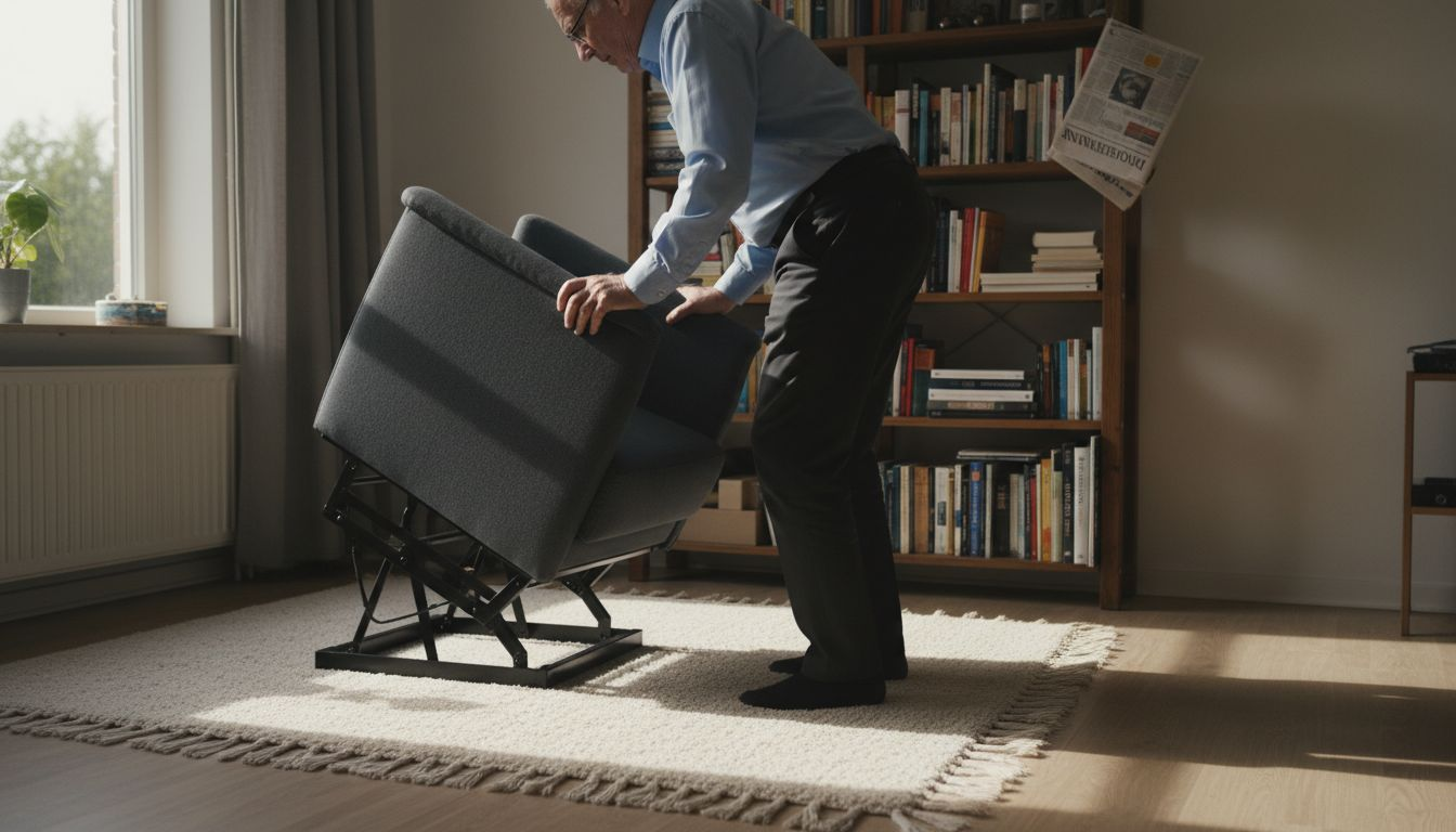 Een oudere heer komt moeiteloos en veilig overeind uit zijn sta-op stoel.