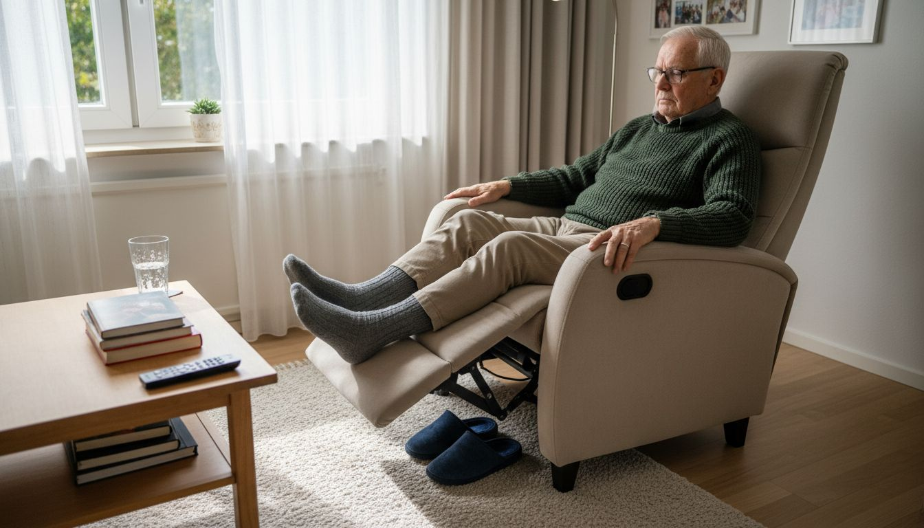 Een oudere heer stelt zijn comfortabele relaxstoel opnieuw in zodat hij er lekker in kan zitten.