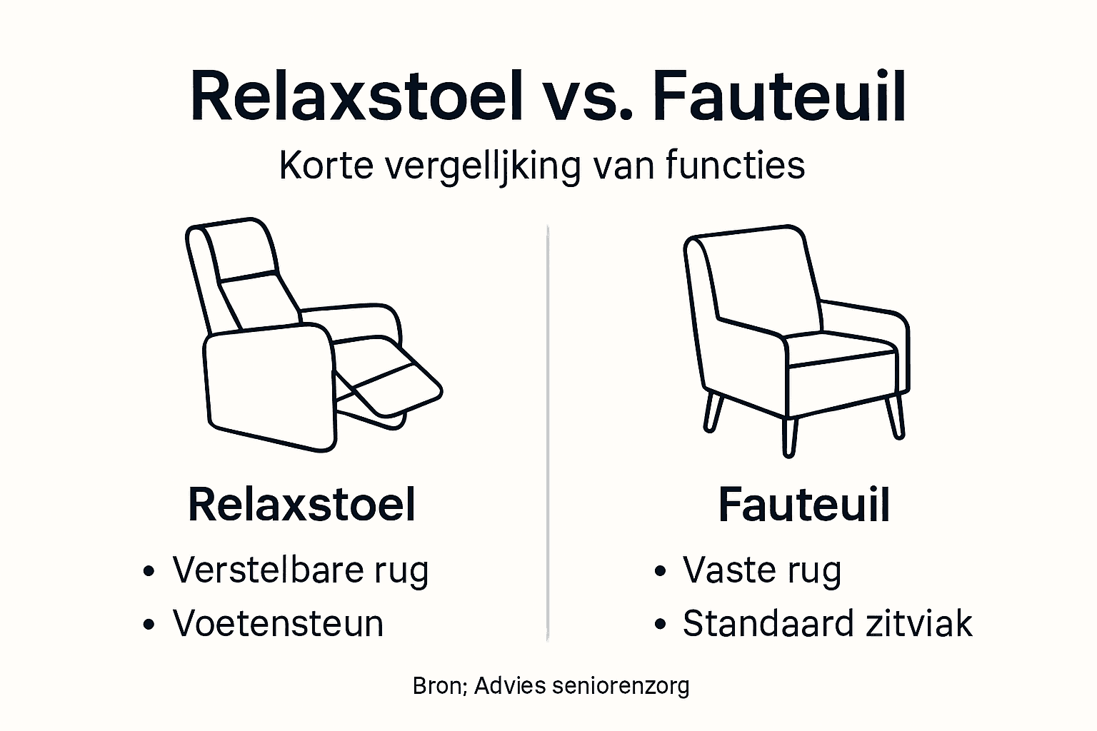 In deze infographic zie je in één oogopslag de verschillen en overeenkomsten tussen een relaxstoel en een fauteuil.