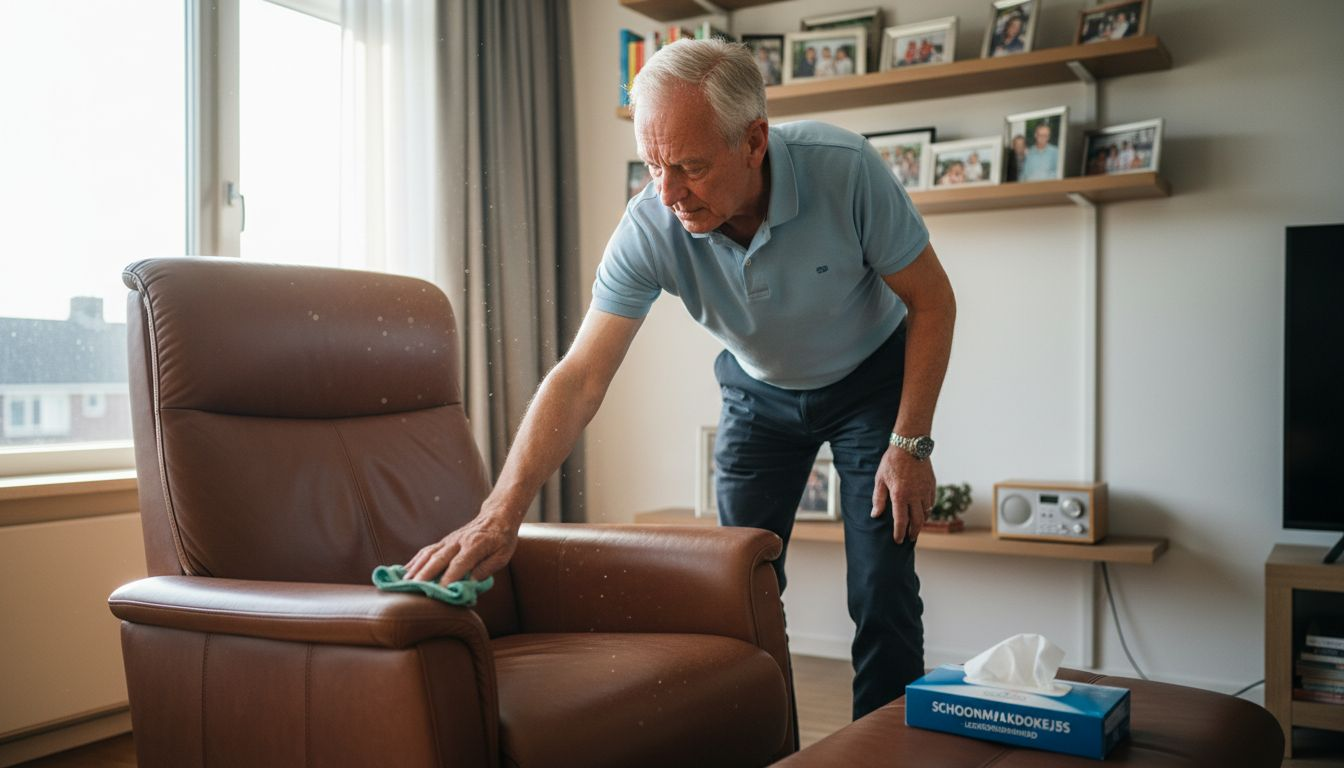 Een oudere heer is bezig zijn leren relaxfauteuil schoon te maken.