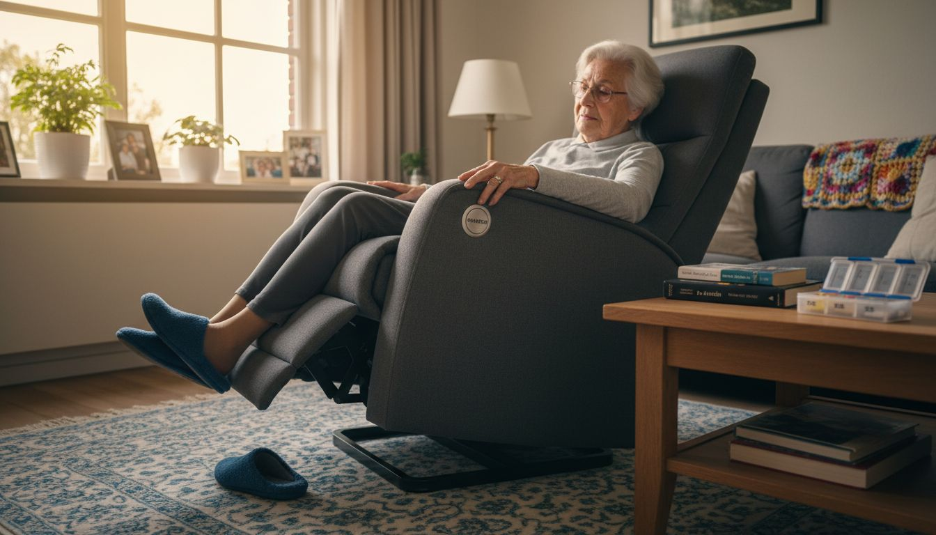 Een oudere dame geniet van het comfort van haar verstelbare Himolla relaxfauteuil.