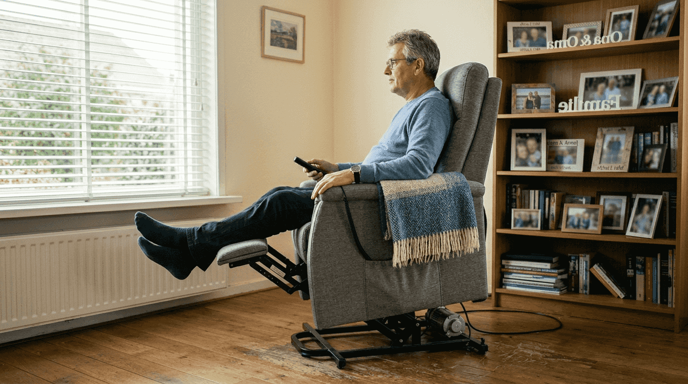 Een man stelt thuis zijn elektrische relaxstoel precies in zoals hij het prettig vindt.