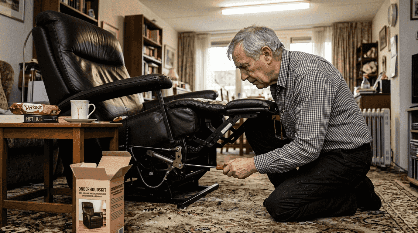 Een oudere heer bekijkt of het mechanisme van zijn relaxstoel nog goed werkt.