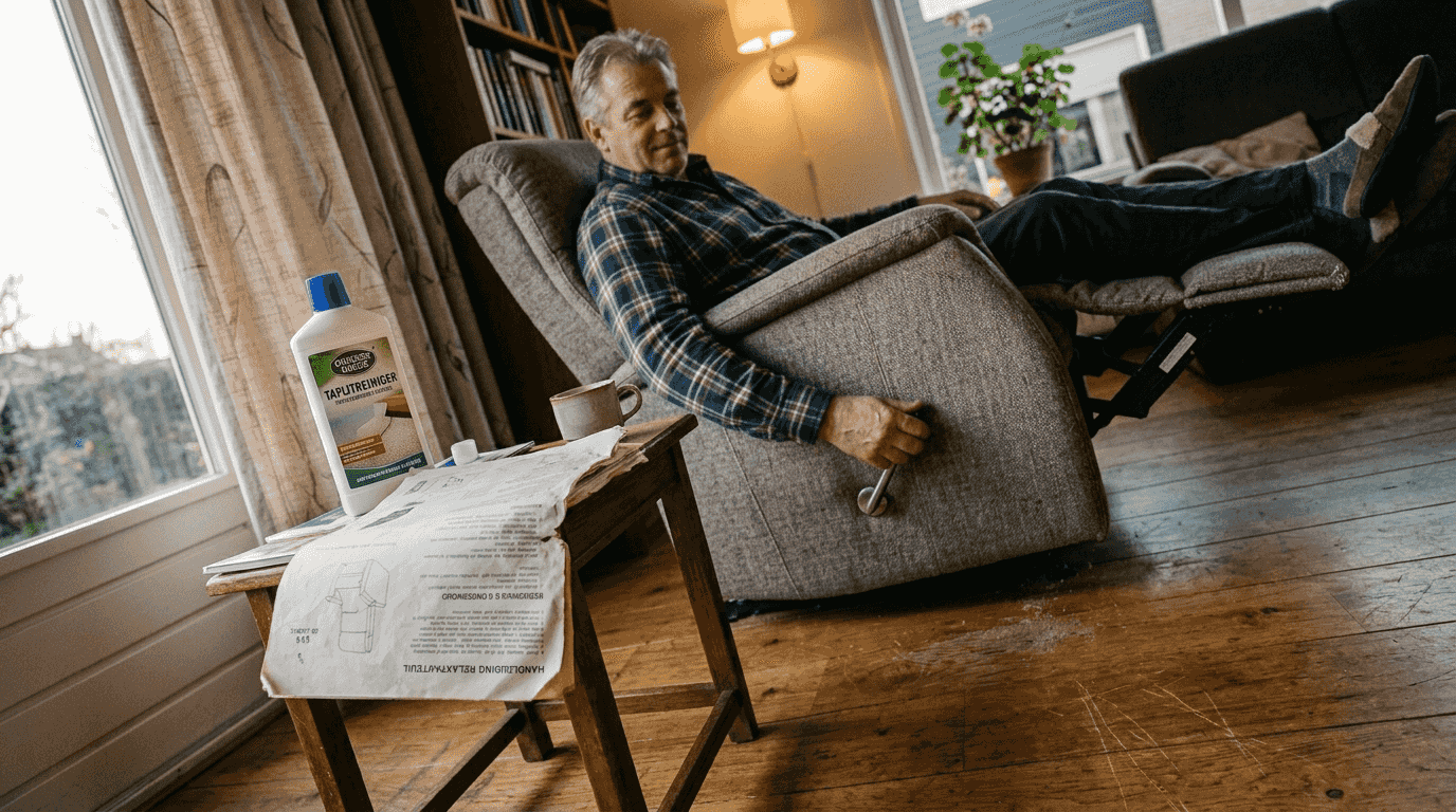 Man stelt relaxfauteuil opnieuw in na onderhoudsbeurt