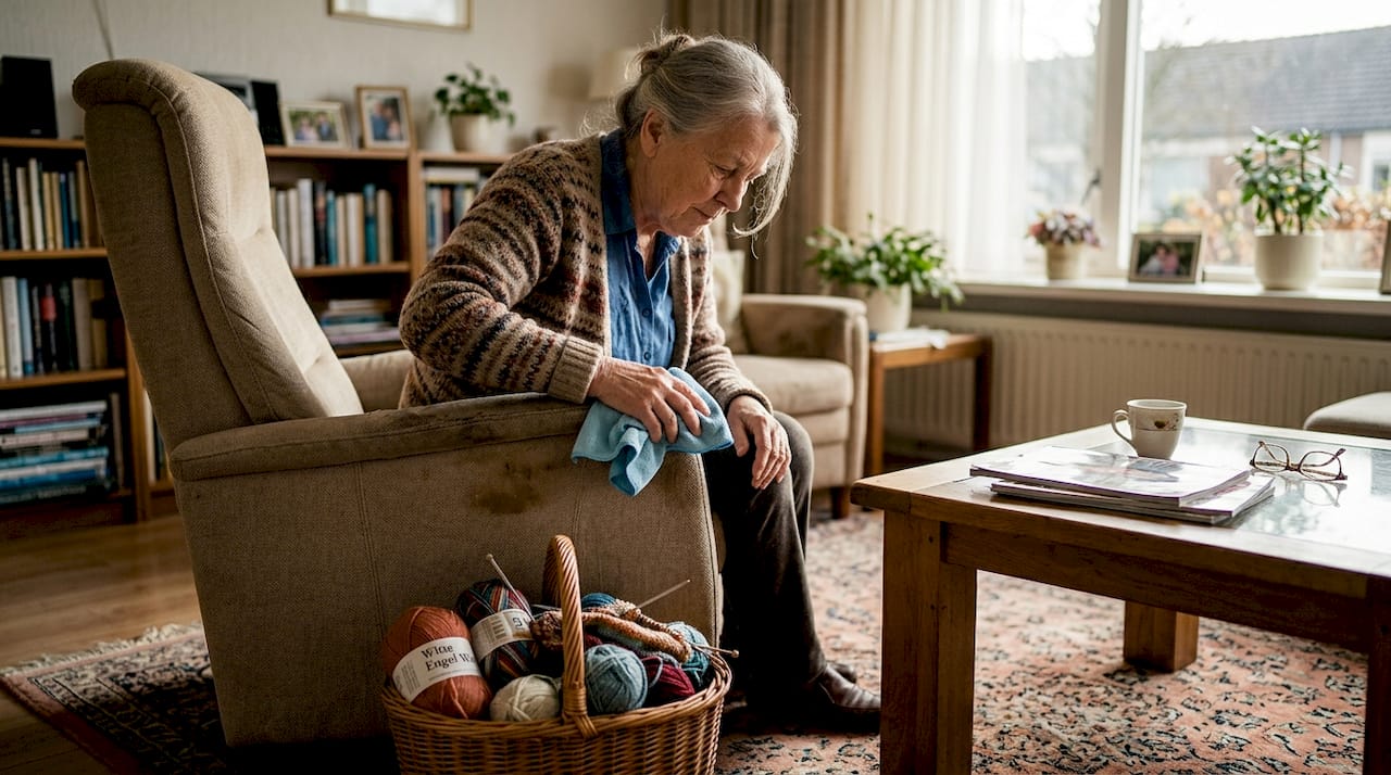 Een oudere dame is bezig haar stoffen relaxstoel schoon te maken.