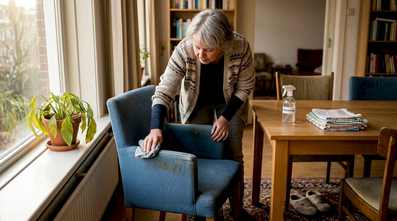Een vrouw is bezig met het schoonmaken van een stoffen hoes voor een stoel.