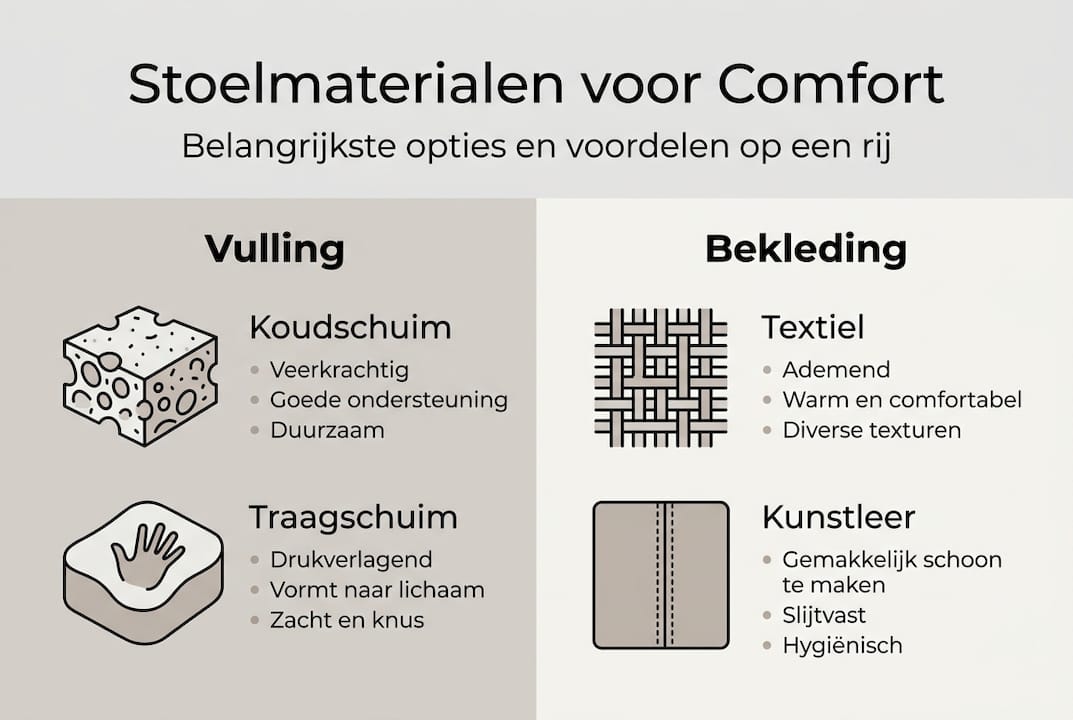 Overzicht van stoelmaterialen en comfortmogelijkheden in beeld