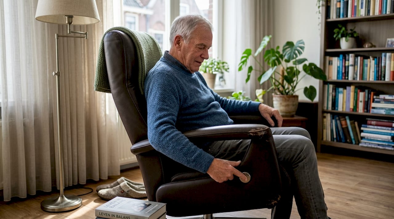 Een oudere heer probeert een comfortabele relaxstoel uit in zijn eigen woonkamer.